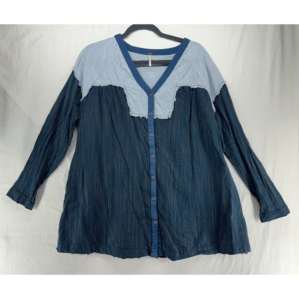 Free People Mixed Stripe Check‎ Tunic Top Navy Blue Cotton Small Pockets